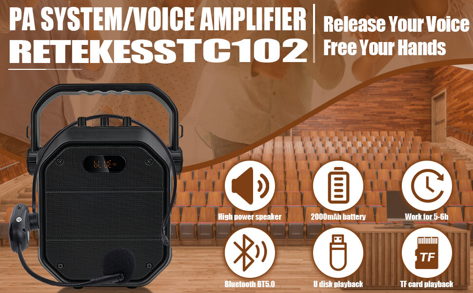 Retekess TC102 Portable PA System,Wireless Bluetooth Speaker,Voice Amplifier Rechargeable,with FM Radio and MP3 Player for Coaching,Teaching, Conference
