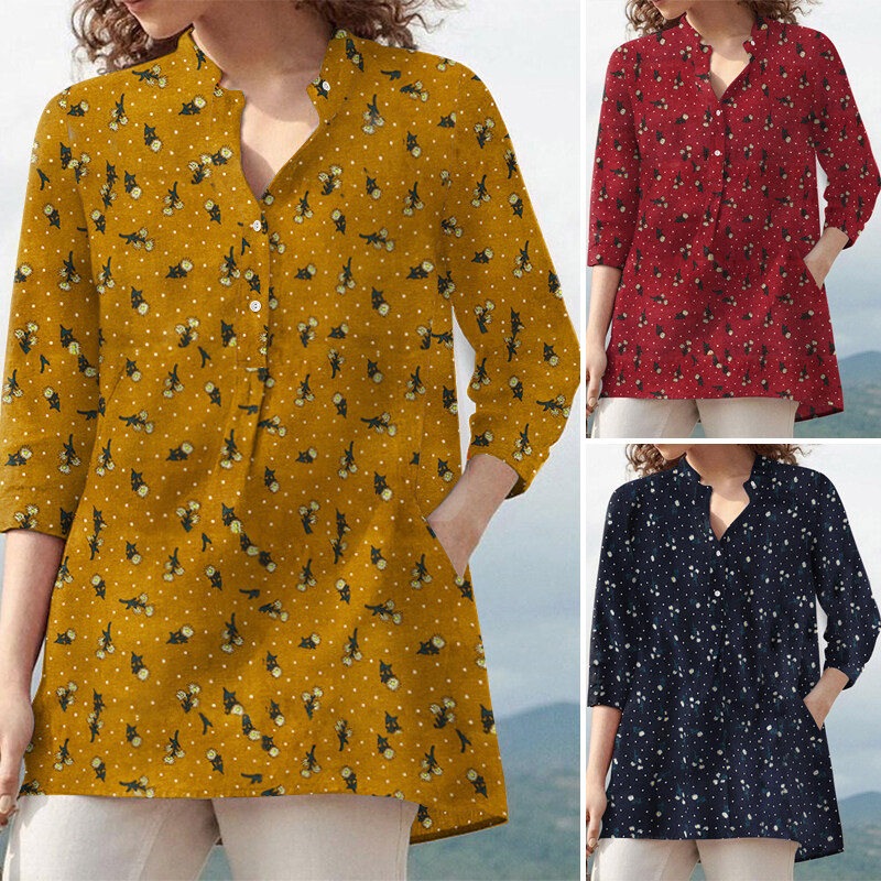 Rulfepy Women Baggy Loose Half Sleeve Shirt Collared Button Down Tee Tops Blouse ZANZEA