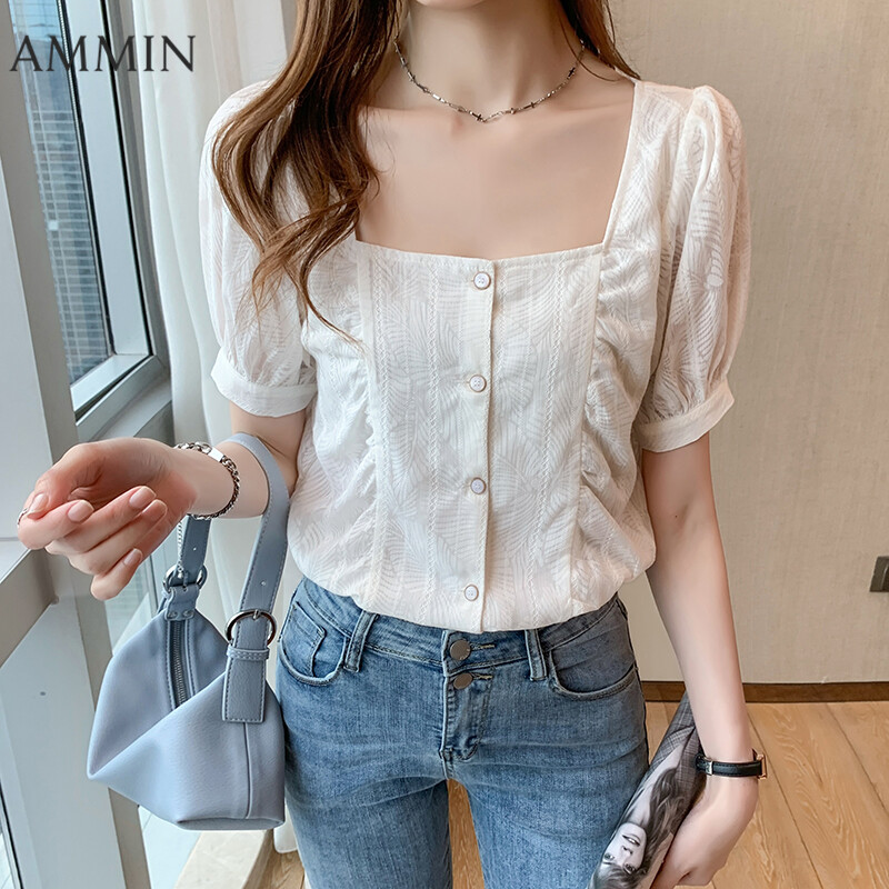 AMMIN Summer New French Style White Lace Square Collar Top For women Fashion Short Sleeve Bubble Shirt Chiffon Shirt Sweet Casual Lace Blouse